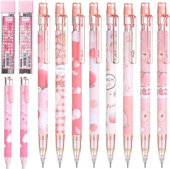 Set di matite meccaniche Kawaii con fili e gomme, 8 pezzi, 0,5 mm/0,7 mm matite meccaniche rosa per scuola e ufficio (plastica)