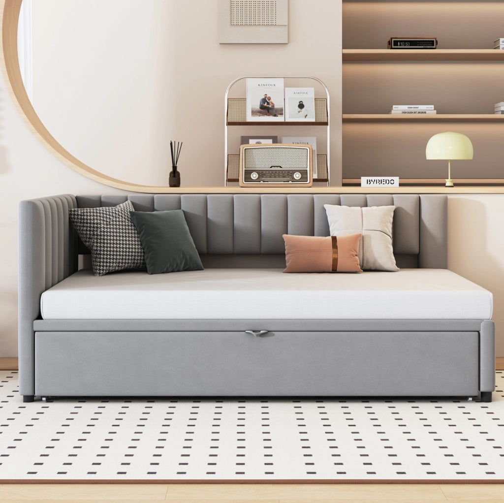 Divano letto a L estraibile 90x200 cm in velluto grigio