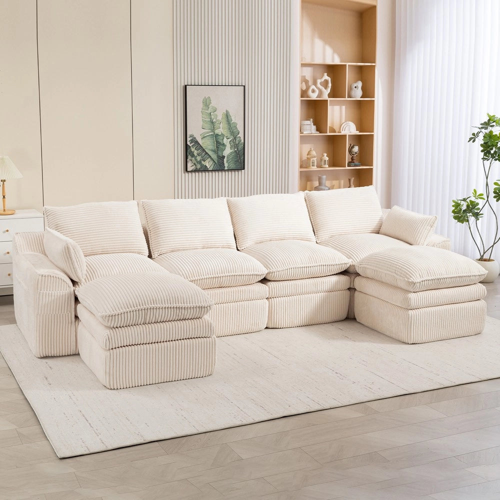 Divano 4 Posti Modulare con Poggiapiedi ¨C Xylo ¨C Velluto a Coste Beige, Cuscini e Tasche Laterali