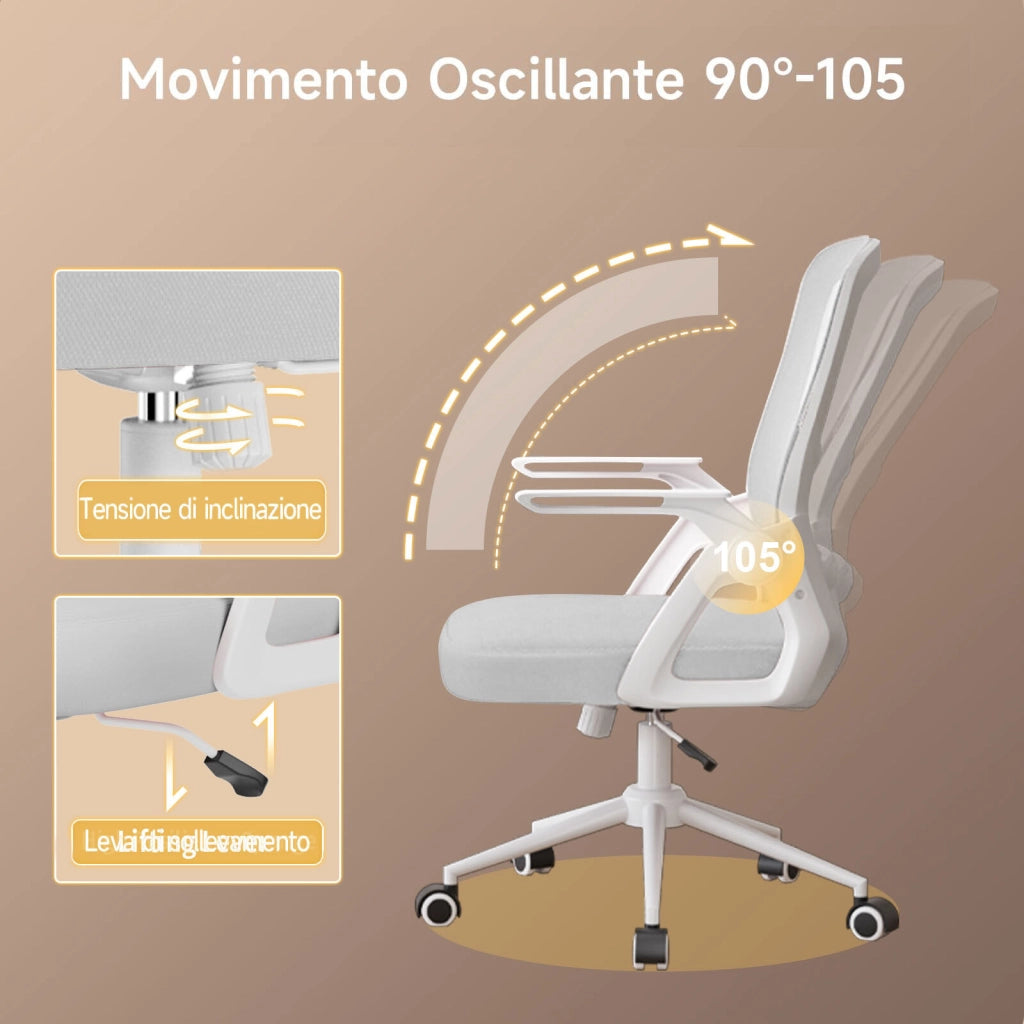 Sedia Ufficio Ergonomica - RATTANTREE - Con Braccioli Pieghevoli, Rete Respirante, Funzione Oscillante 90-105¡ã - Grigio