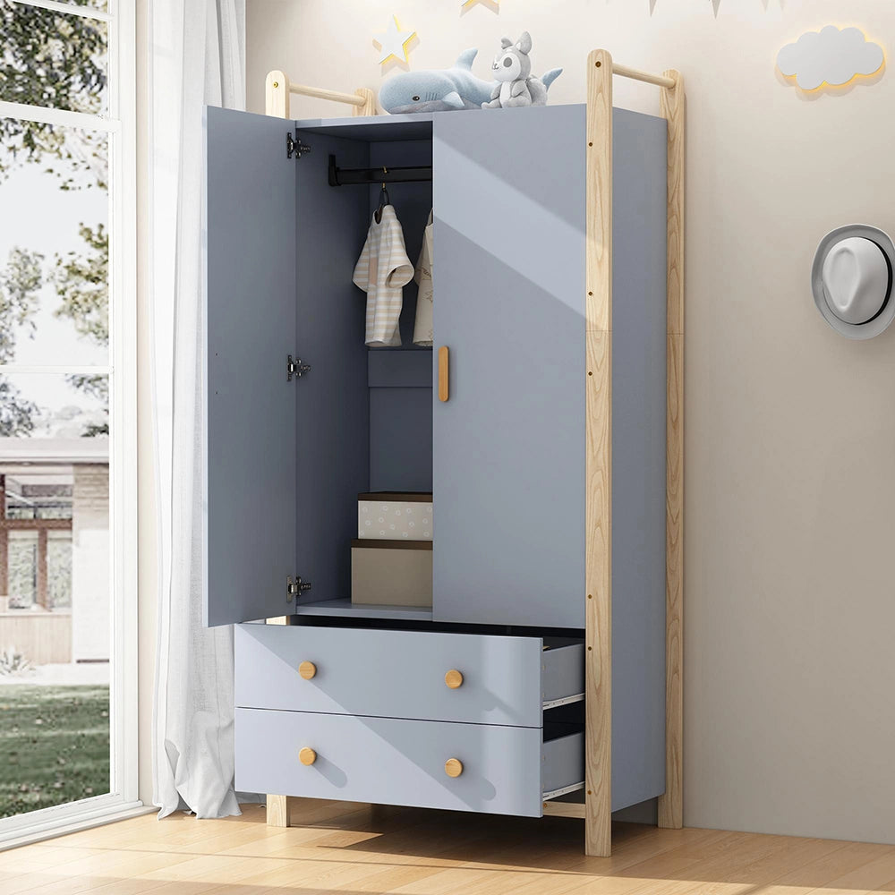 Armadio 2 ante 90x45x180 cm - Xylo - con appendiabiti, 2 cassetti, blu e telaio pino, per camera