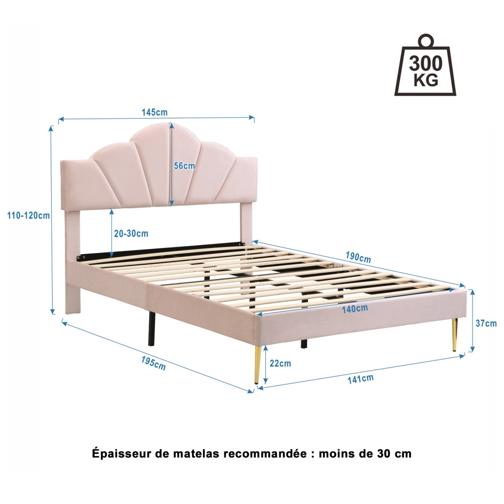 Letto imbottito in velluto rosa 140x190 cm con testiera regolabile e rete a doghe in legno