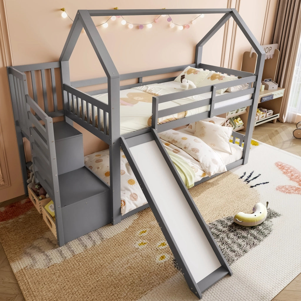 Letto a castello 90x200 cm con scivolo e vano portaoggetti in pino grigio