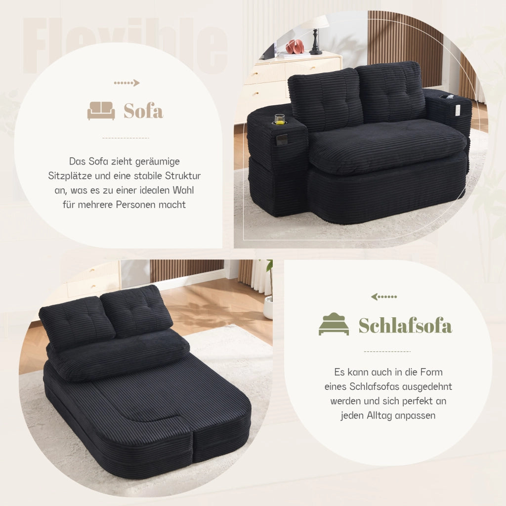 Poltrona convertibile 2 in 1 in velluto a coste con schienale alto, seduta extra profonda e doppi portabicchieri nera