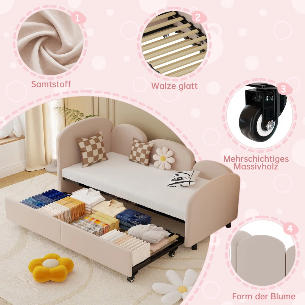 Letto per bambini 90 × 200 cm con cassetto, sponde di sicurezza, senza materasso, in velluto rosa