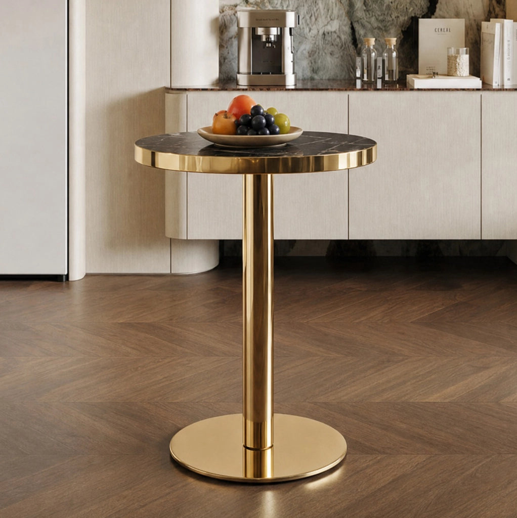 Tavolino rotondo nero e oro in MDF con base cilindrica stabile