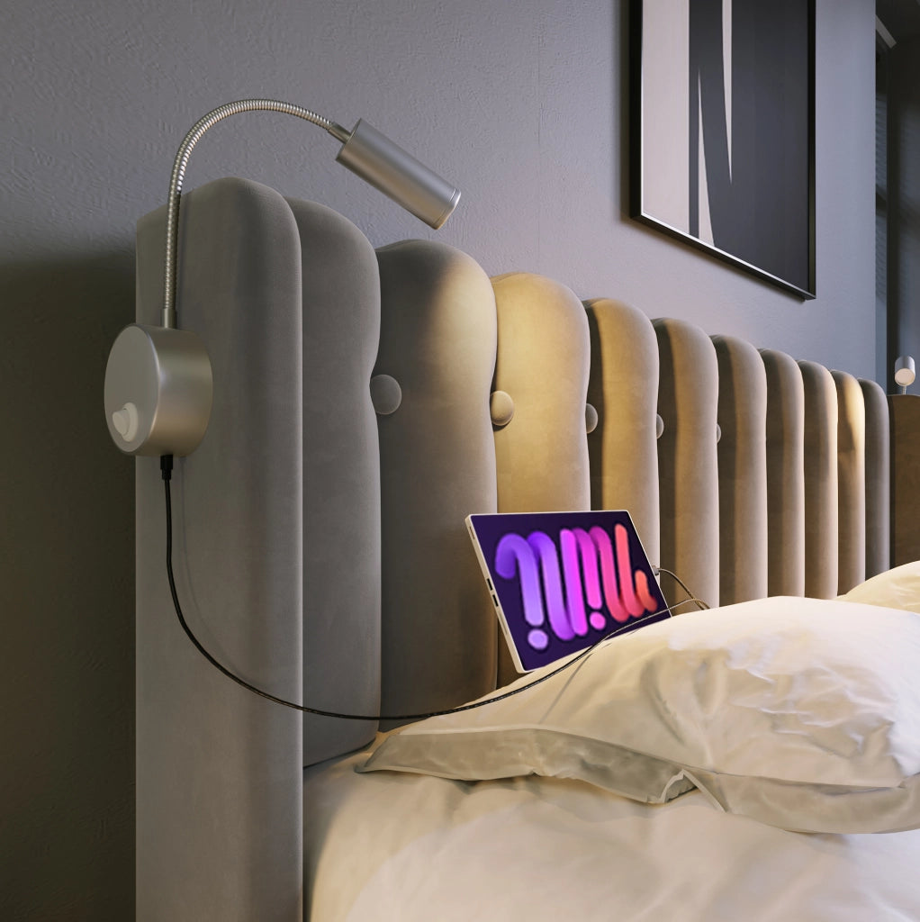 Letto singolo 90x200 cm grigio in velluto, luce da lettura e USB, senza materasso