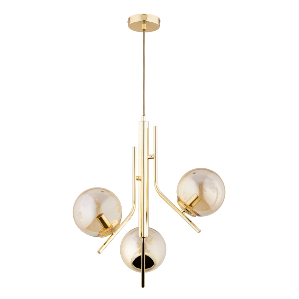 Lampadario glamour ottone, sfere ambra, 3xE14 Estel