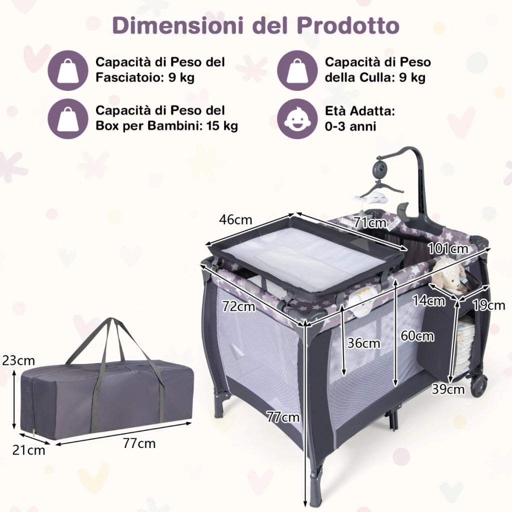 Lettino da viaggio per neonati con culla fasciatoio rimovibile sbarra girevole, Lettino da campeggio portatile Grigio scuro