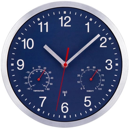 Radioklok con termometro e igrometro Stile silenzioso orologio da parete senza suoni di ticchettio Radioklok Stile silenzioso orologio da parete Senza ticchettio per salotto, camera da letto, ufficio, cucina, 10 pollici