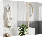 Armadio con specchio da bagno, pensile con 3 ante a specchio, a 6 scomparti, 87 x 65 x 12,5 cm, bianco