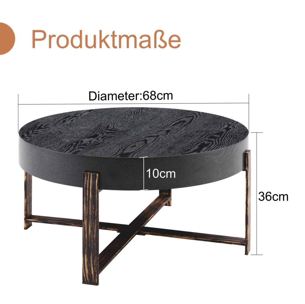 Tavolino rotondo 68x36 cm con piano effetto legno nero; base a croce in metallo; nero