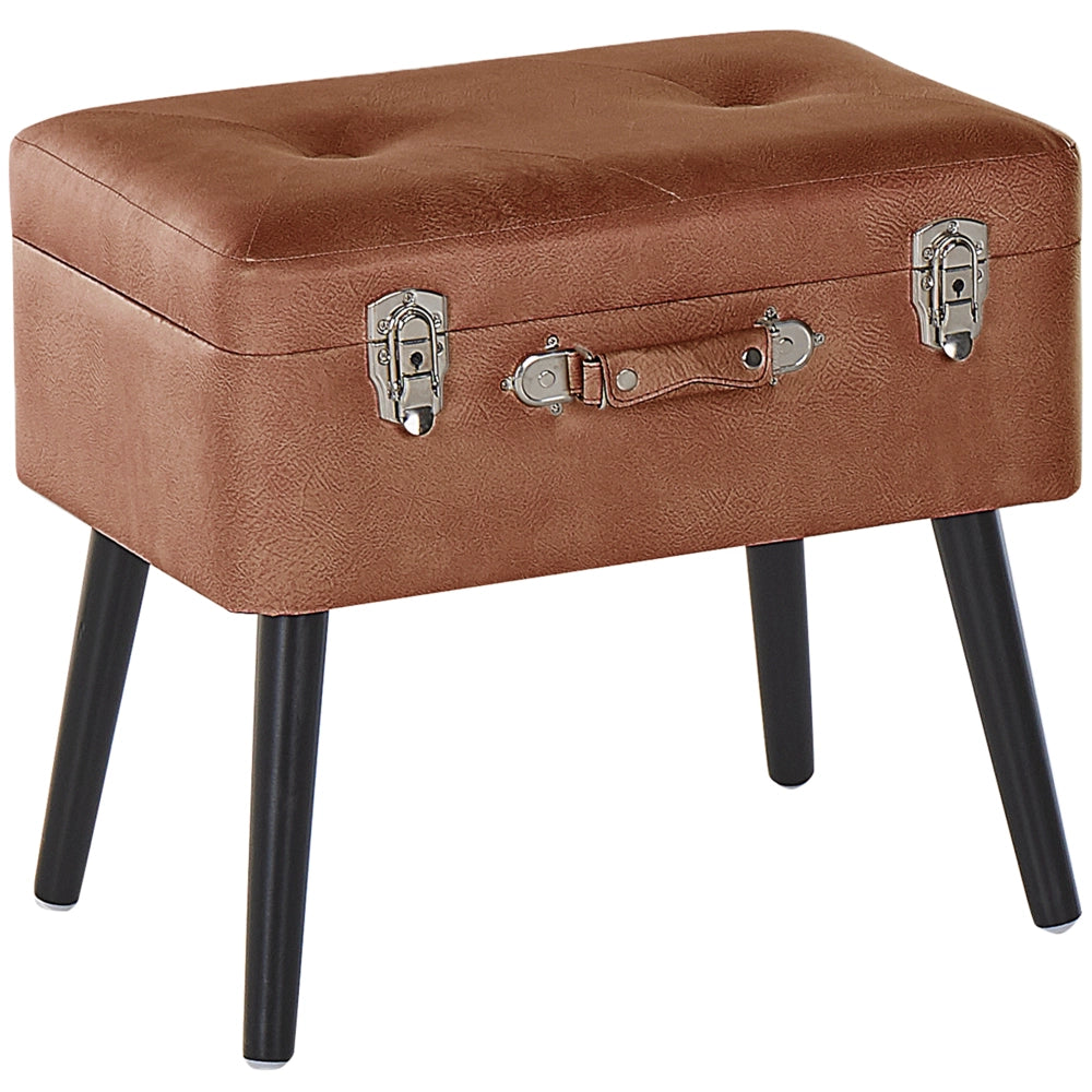 Comodino Sgabello Contenitore gambe nere imbottite in ecopelle marrone design a valigia con bottoni