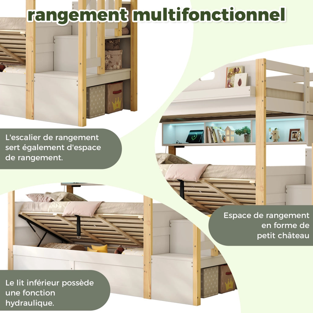 Letto a castello per bambini 90x200 + 90x200 cm con LED, USB, scala contenitore e letto inferiore con contenitore idraulico, bianco