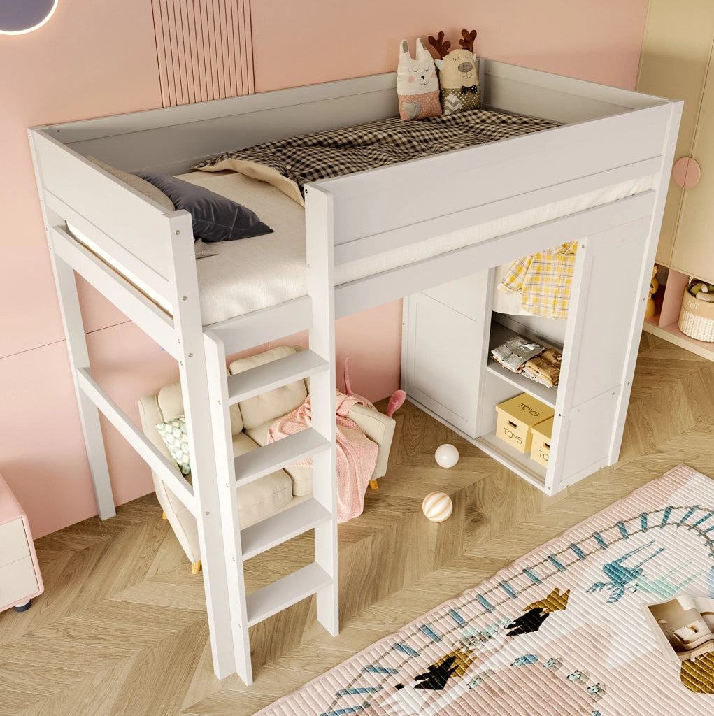 Letto a soppalco 90x200 cm con armadio e vano contenitore in legno e MDF bianco