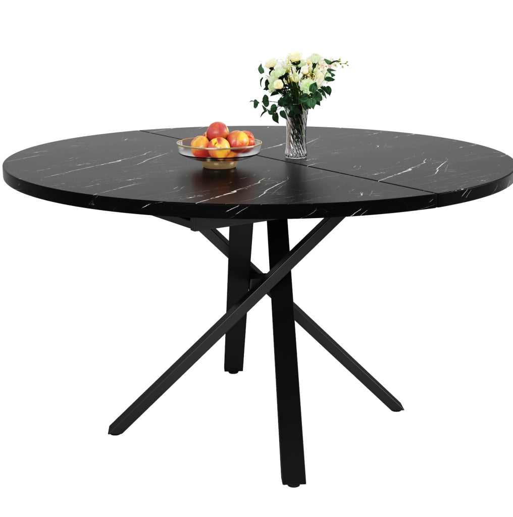 Tavolo rotondo allungabile effetto marmo 100/140 cm in MDF e metallo nero
