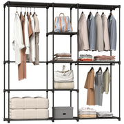 Armadio Guardaroba in Tessuto con 8 Ripiani e 3 Aste per Appendere, 182x43x185 cm, Nero