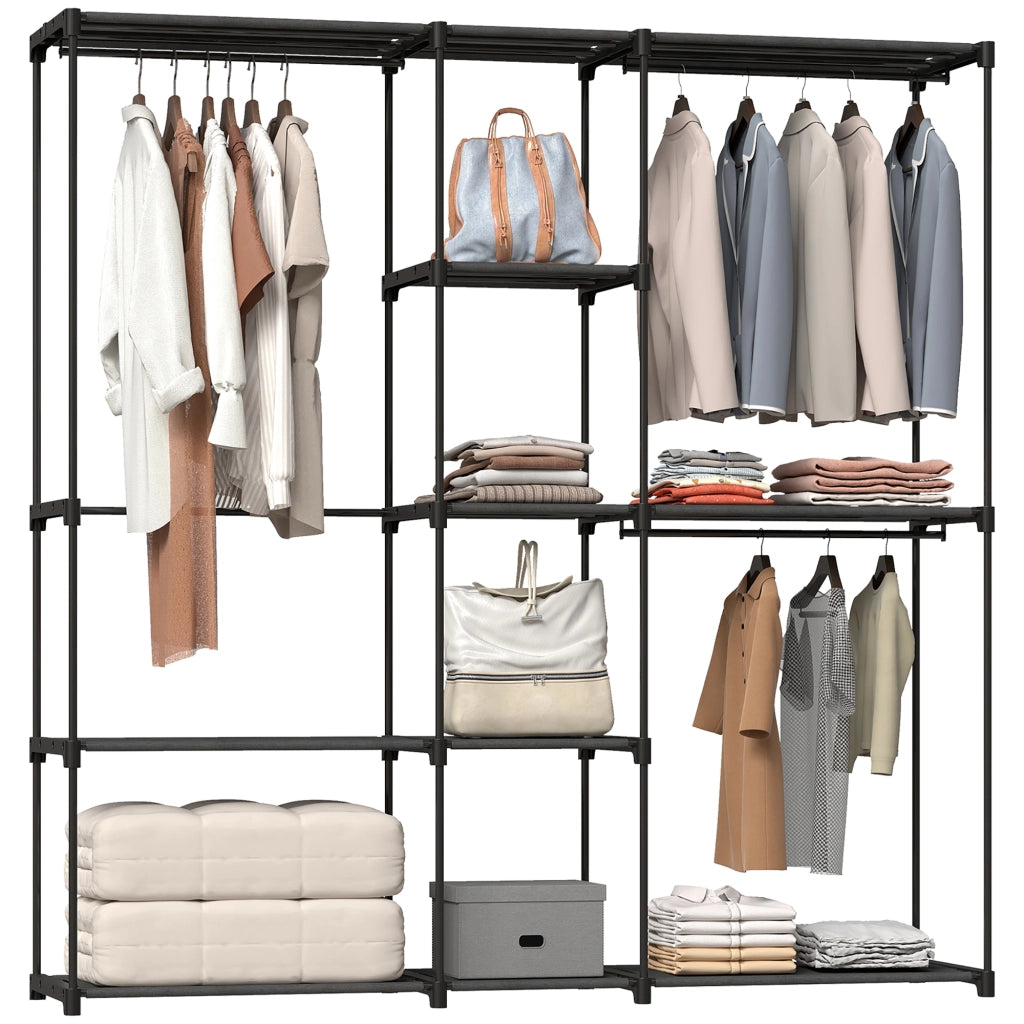 Armadio Guardaroba in Tessuto con 8 Ripiani e 3 Aste per Appendere, 182x43x185 cm, Nero