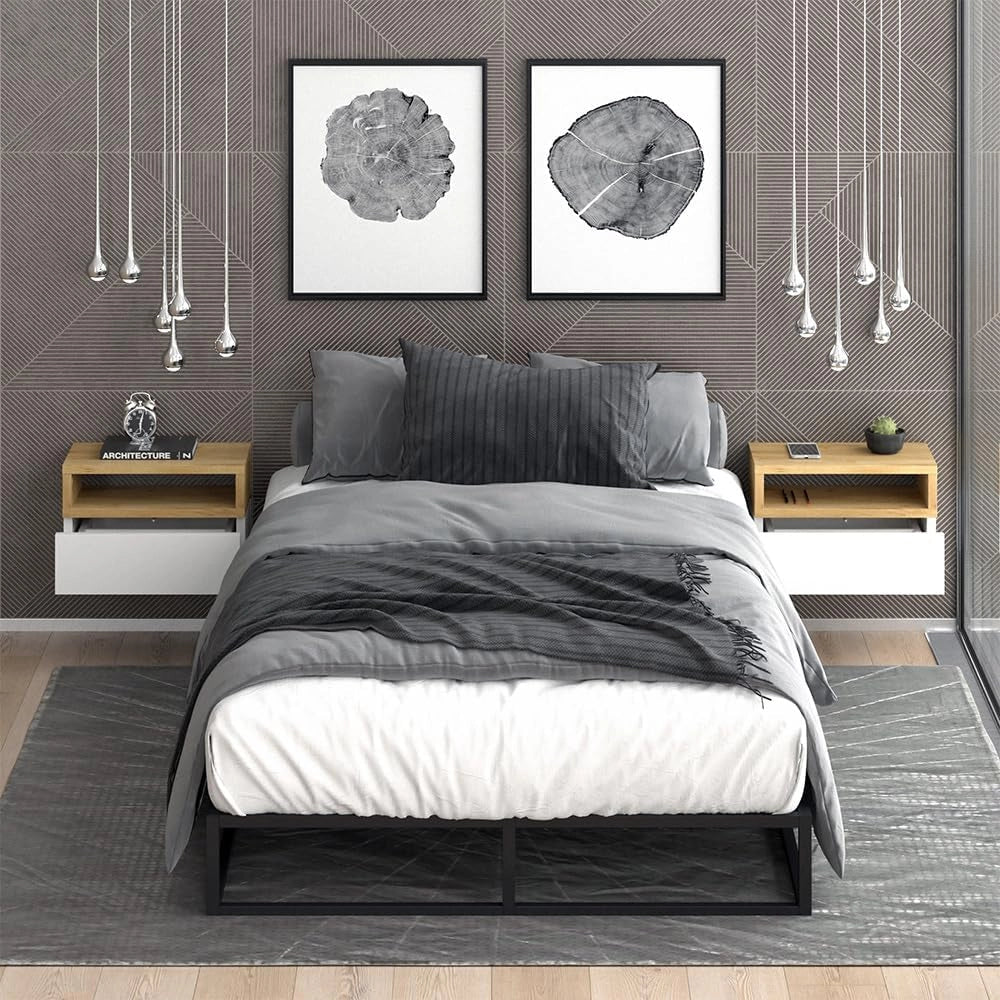 Comodino camera da letto Urbano, Quercia dorata, Set di 2, montabile a parete per un utilizzo salvaspazio in camera da letto