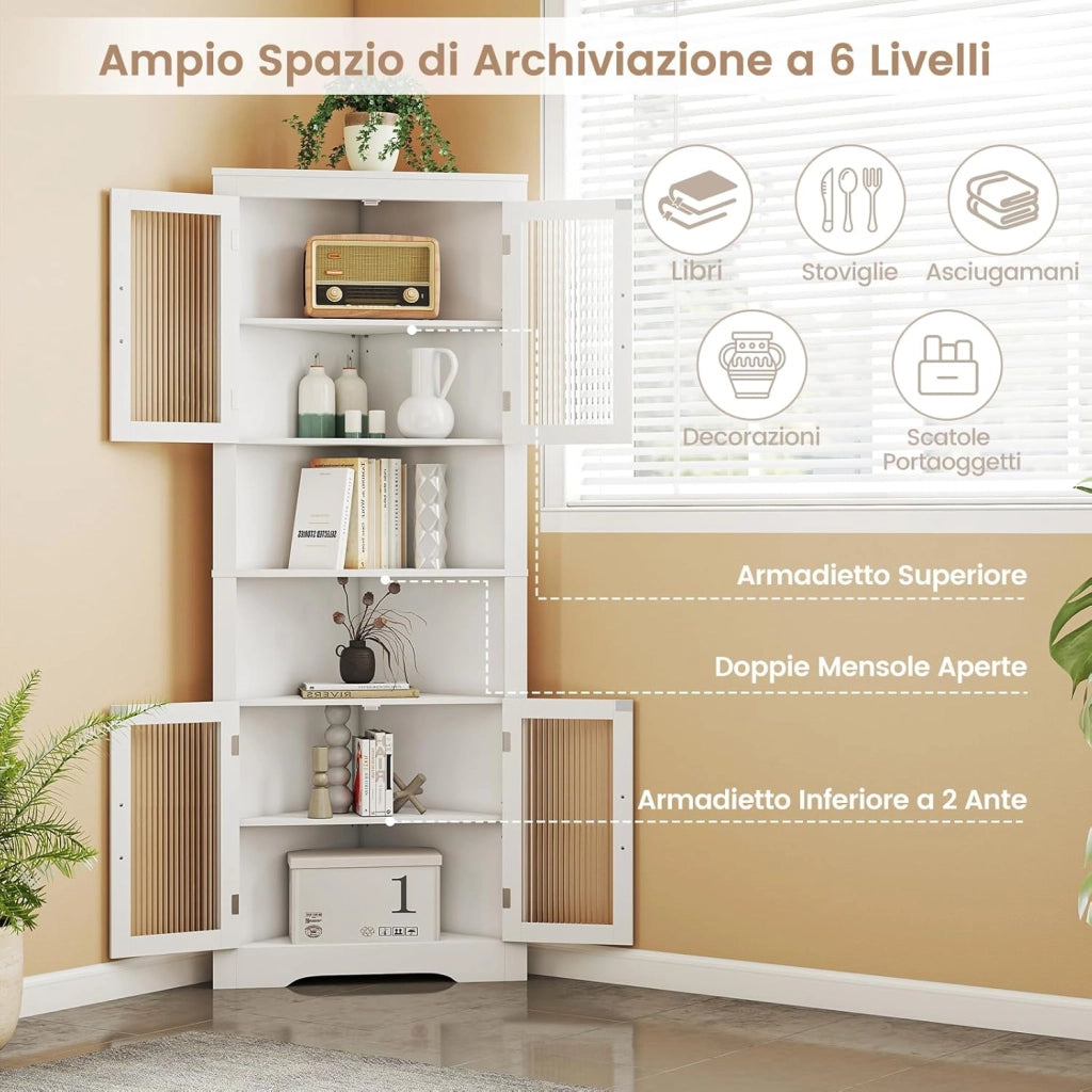 Armadio Angolare 66 x 35 x 171 cm, Mobile Bagno Triangolare Salvaspazio con 4 Ante in Vetro Temperato e Ripiani Regolabil, Mobile Angolare per Soggiorno, Cucina e Sala da Pranzo