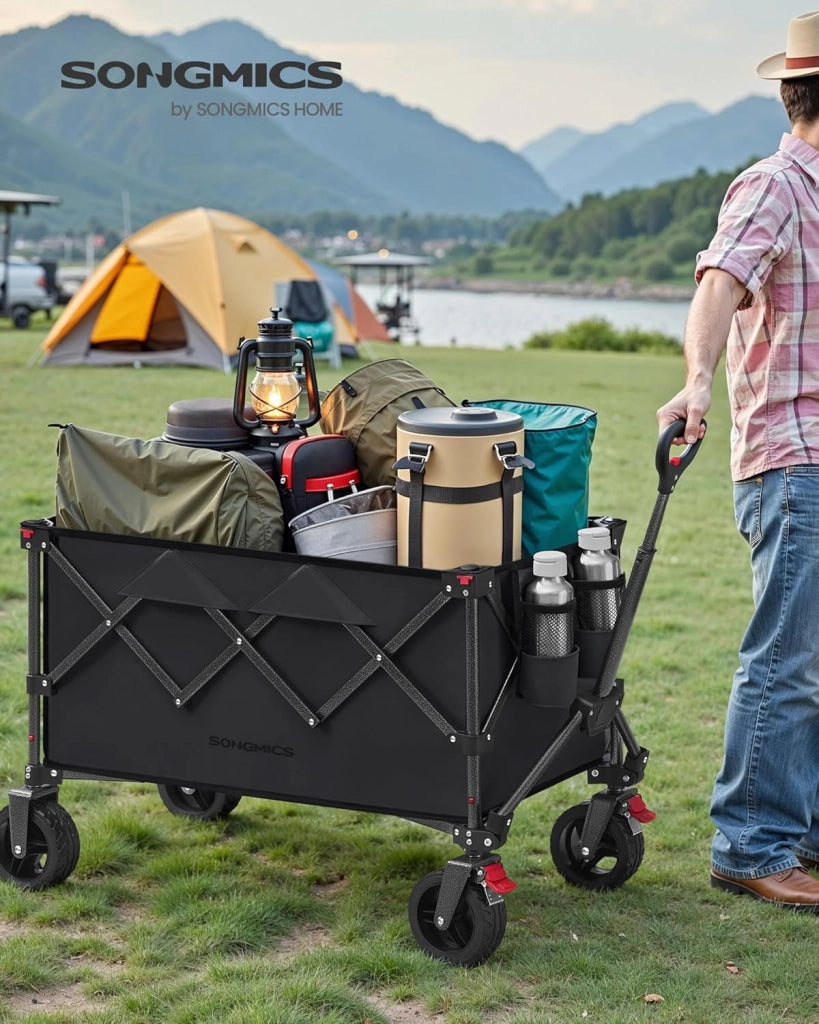 SONGMICS Carrello da Campeggio Pieghevole, Carretto, 150 L, Portante 150 kg, Carrello da Giardino, con Manico, 4 Ruote Rimovibili, Salvaspazio, per Esterni, Giardino, Nero Inchiostro GFW115B01