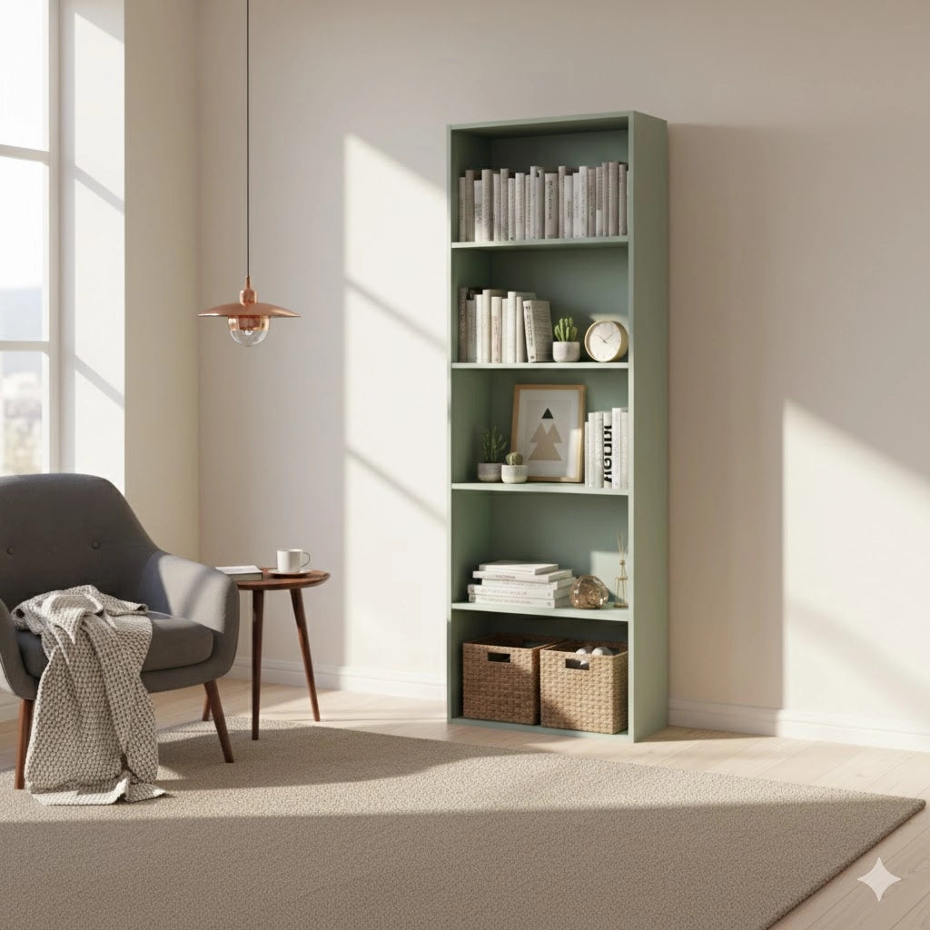 Libreria colonna 4 ripiani design moderno colore verde salvia per soggiorno studio camera dimensioni 50 x 22,8 x 157,4 cm