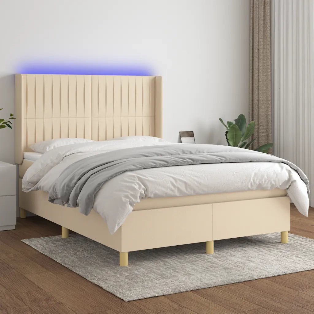 Letto a Molle con Materasso e LED Crema 140x200 cm in Tessuto 3139042