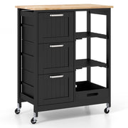 Isola cucina con ruote bloccabili piano in legno di gomma e 2 ripiani rimovibili-Carrello multiuso Nero