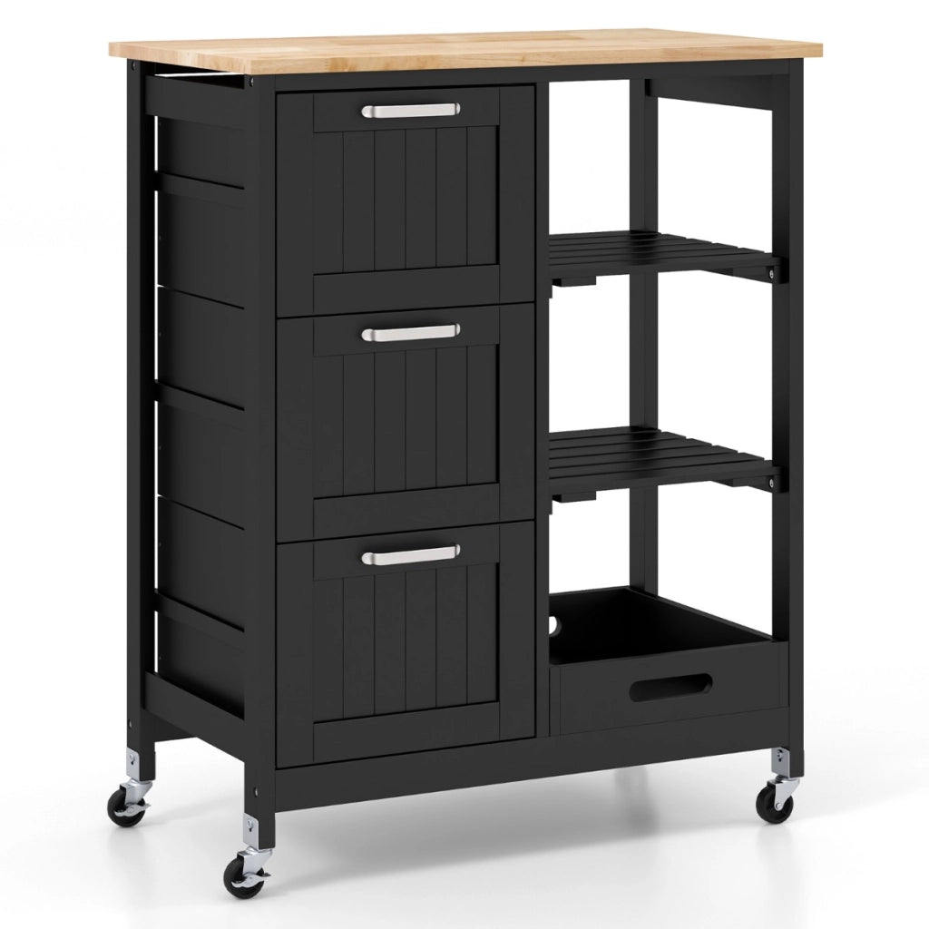 Isola cucina con ruote bloccabili piano in legno di gomma e 2 ripiani rimovibili-Carrello multiuso Nero