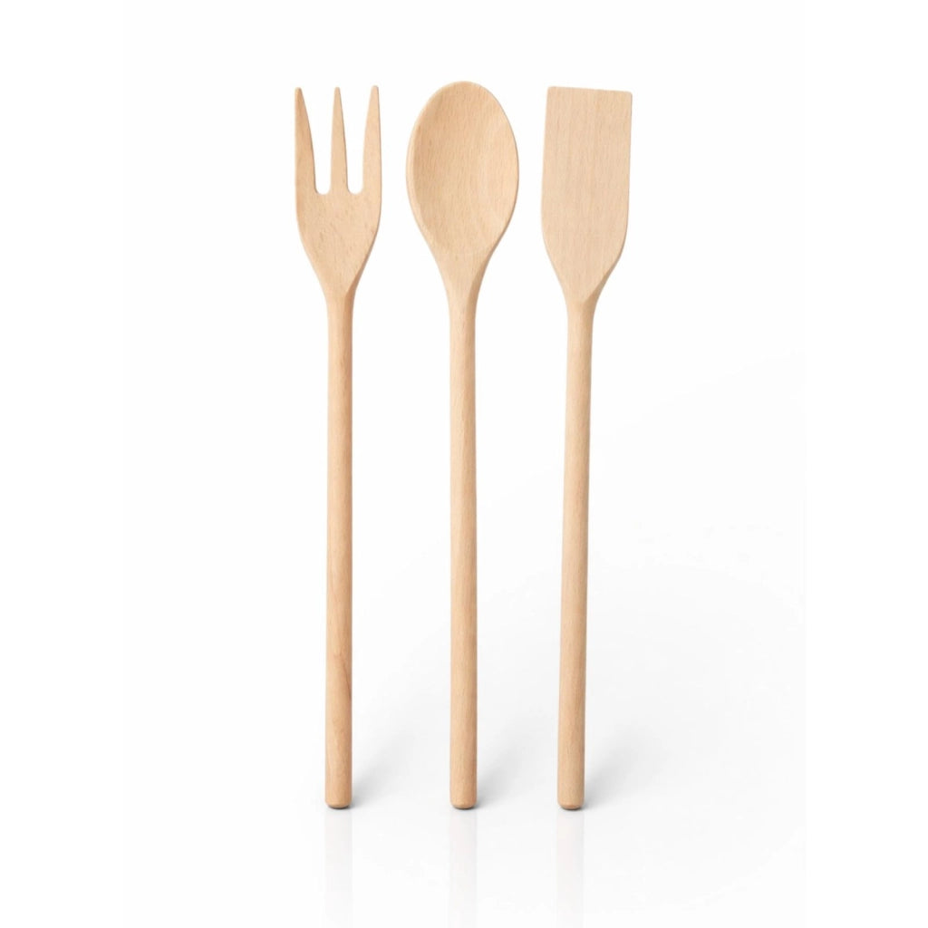 Set Utensili Cucina in Legno Naturale 3 Mestoli Antigraffio 31 cm per Pentole