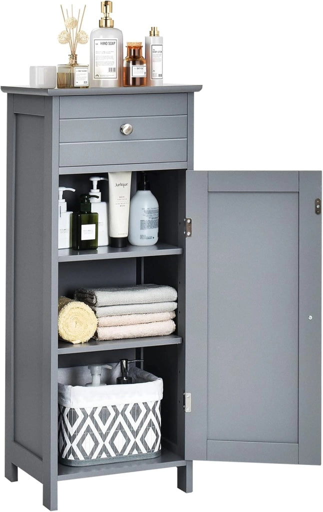 Mobile Bagno, Armadietto Salvaspazio con Cassetto e 2 Ripiani Regolabili, Mobiletto Multiuso in Legno per Soggiorno, Camera da letto e Ufficio, 36 x 30 x88cm (Grigio)