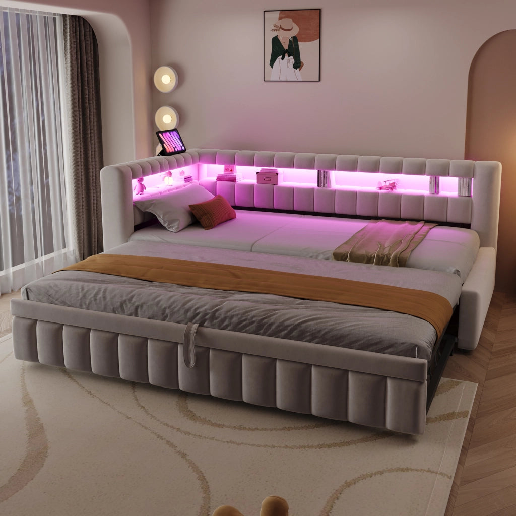 Letto imbottito estraibile 90x200 cm con LED, porte USB e tipo C, tessuto effetto velluto beige