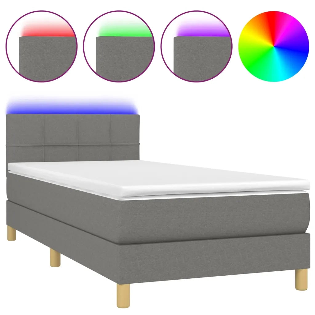 Letto a Molle Materasso e LED Grigio Scuro 100x200cm in Tessuto 3133694