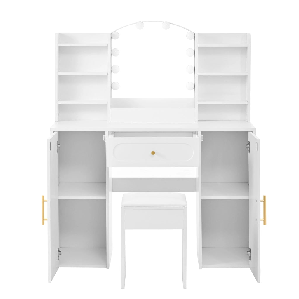 Scrivania Toeletta con Specchio LED, Cassetto e Ante ¨C MINIMAL ¨C Bianco, 110x40x132