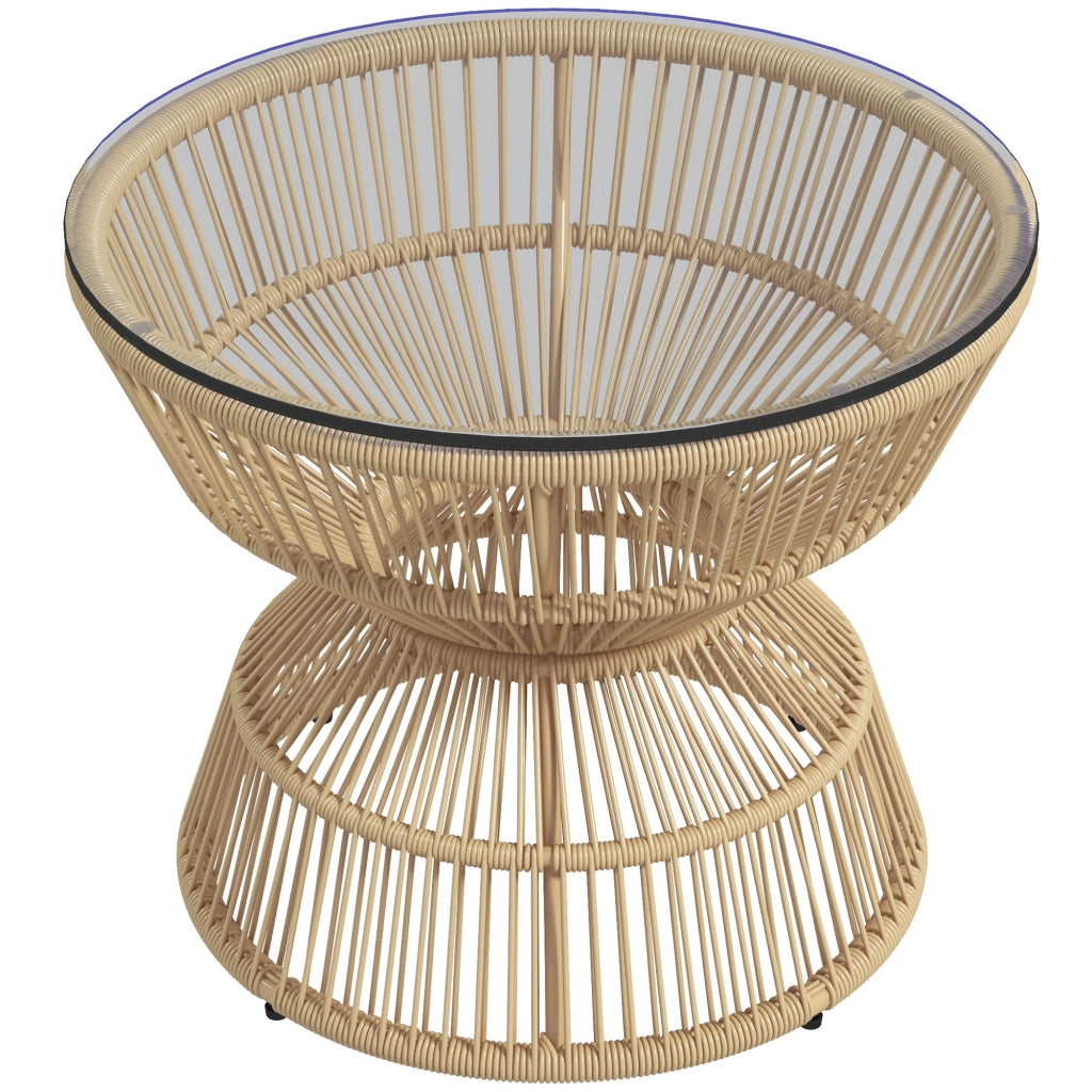 Tavolino laterale Boho da esterno in PE-Rattan con piano in vetro temperato 60x60x50 cm, colore Natural Wood