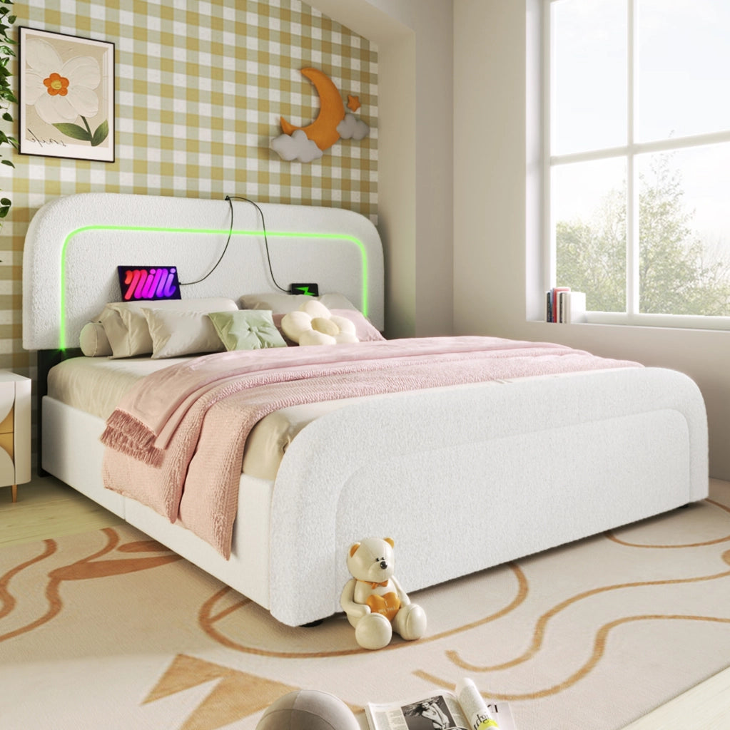 Letto imbottito 140x200 cm con LED, USB-C e 4 cassetti, bianco
