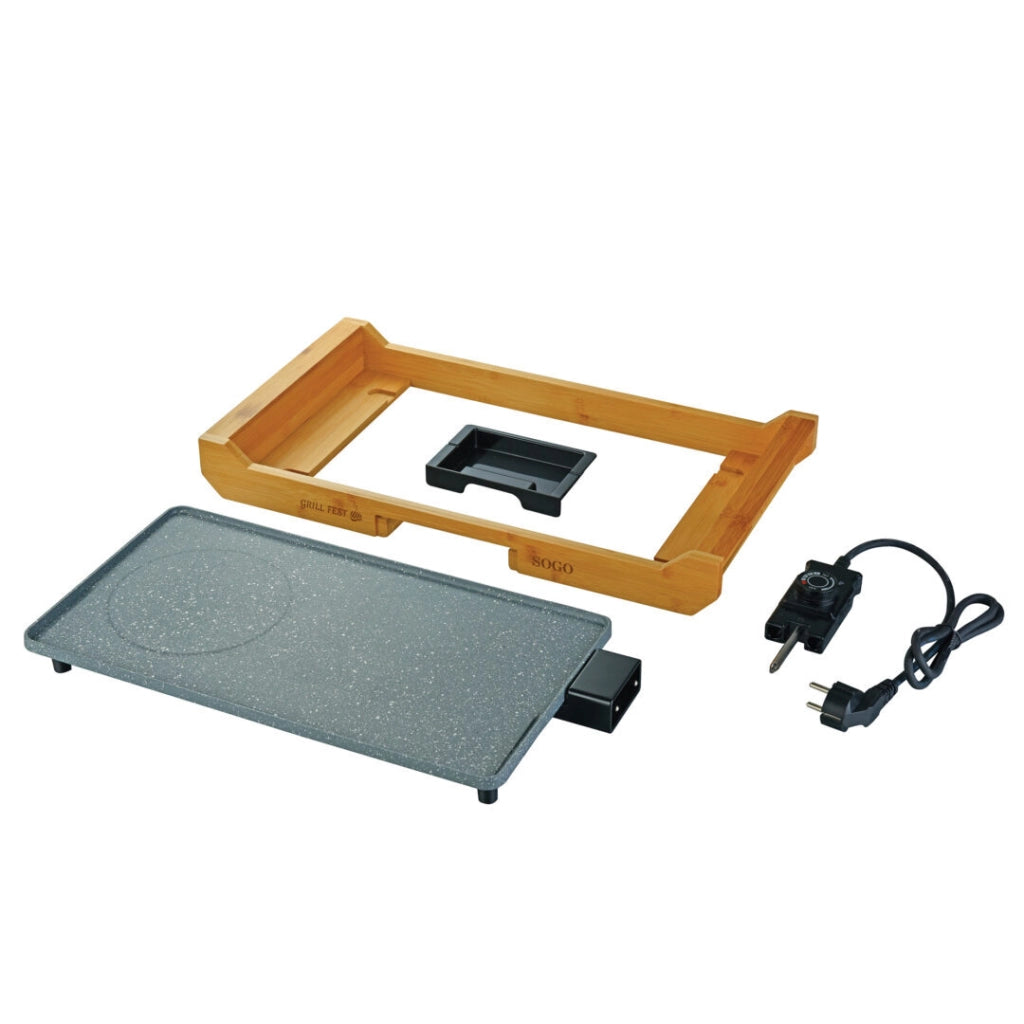Piastra elettrica grill 43x23 cm con rivestimento antiaderente effetto pietra e base in bambù 2200W - Sogo