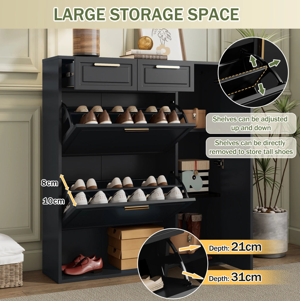 Scarpiera ULEVR 95x24x107 cm con 2 cassetti, ripiani regolabili e vani aperti, nera