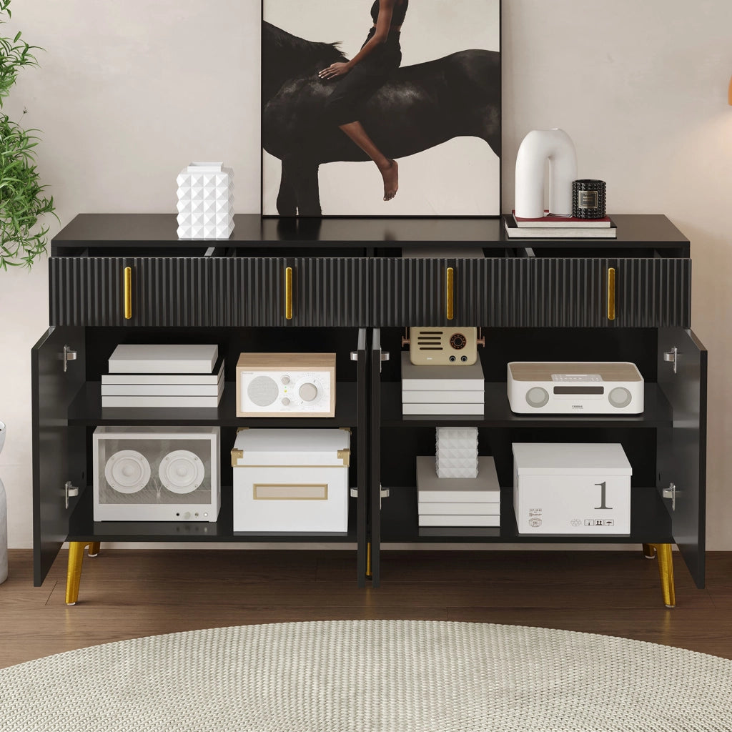 OKWISH Credenza con 4 Ante e 4 Cassetti, Ripiani Regolabili, per Soggiorno e Sala da Pranzo, MDF, Nero, 140 x 38 x 82 cm