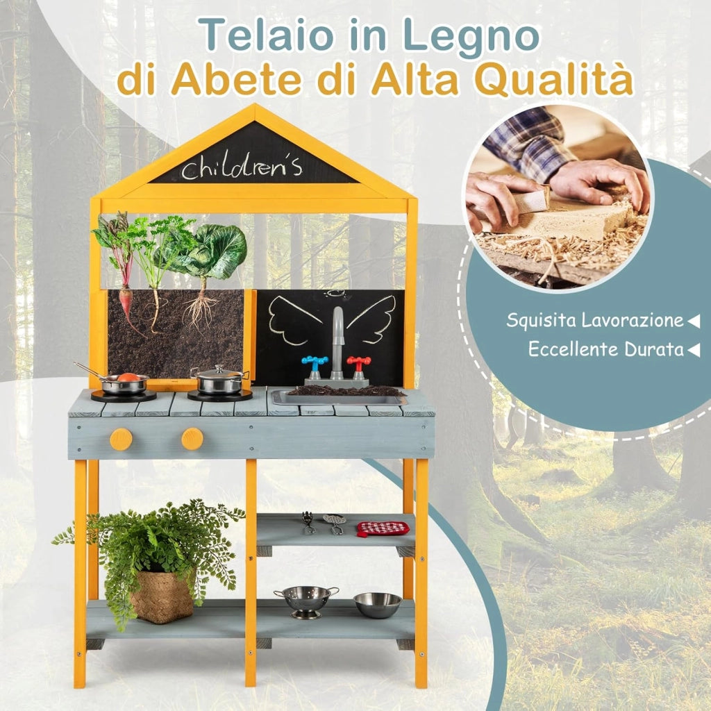 Cucina Giocattolo per Giardino con Vaso da Piantinaggio Trasparente, Rubinetto e Lavandino Rimovibile, Cucina in Legno di Abete per Bambini, Set Cucina con 8 Accessori (Blu e Arancio)