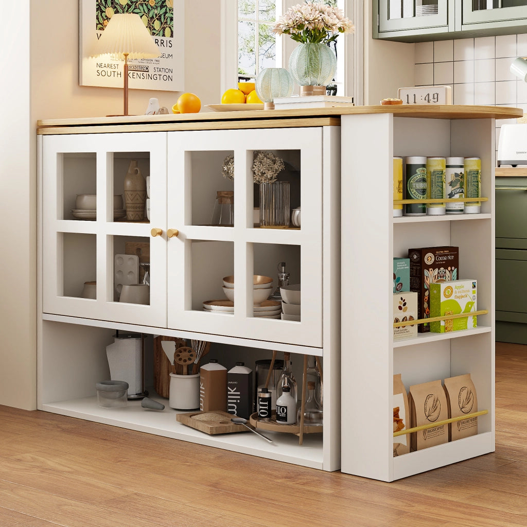 Mobile Bar con 2 Ante in Vetro; 5 Ripiani; Estensibile e Girevole a 360°; per Cucina Soggiorno; MDF; 138-204 x 39 x 102;5 cm; Bianco