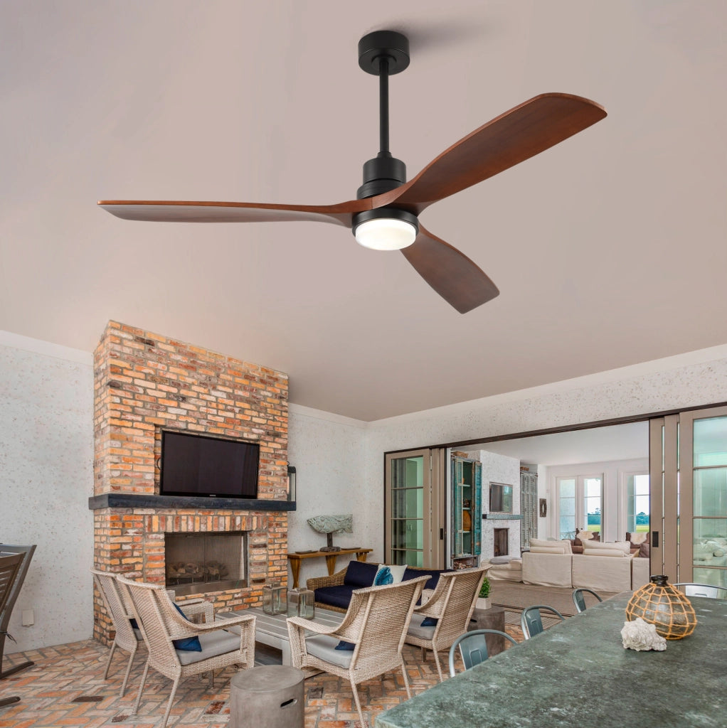 Ventilatore da soffitto 60 pollici in legno massello con luce LED; telecomando; nero noce