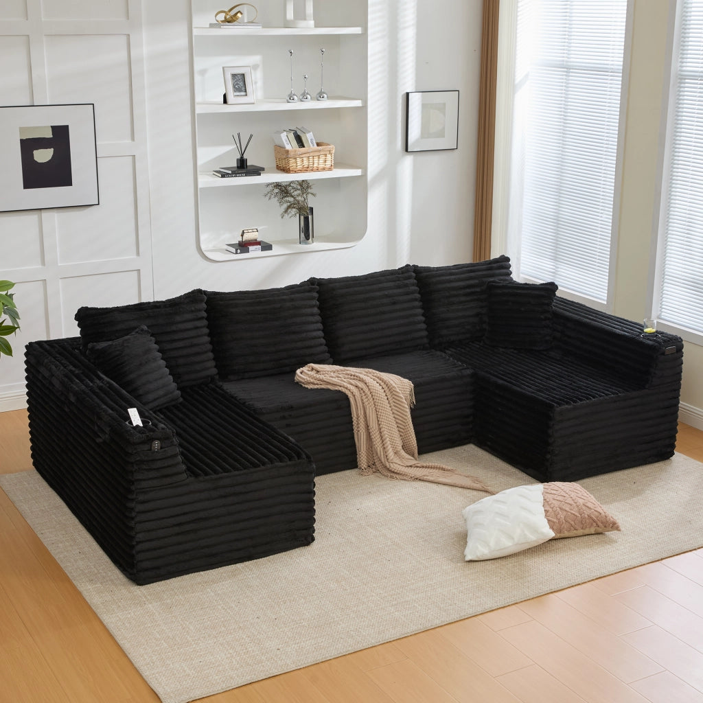 Divano modulare a U con portabicchieri e tasche laterali in velluto a coste nero con 4 cuscini 320 × 155 × 88 cm