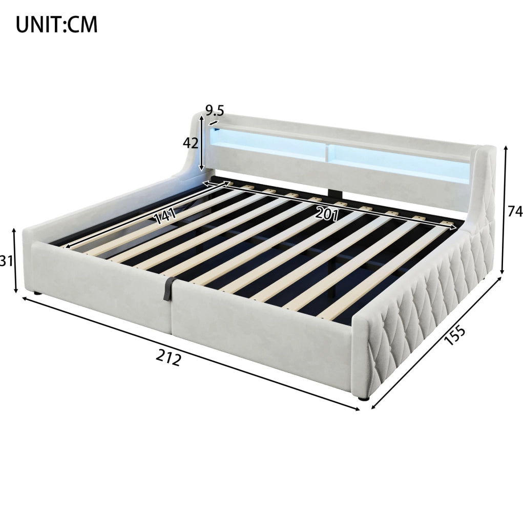 Letto imbottito 140x200 cm con contenitore e LED in flanella; bianco sporco