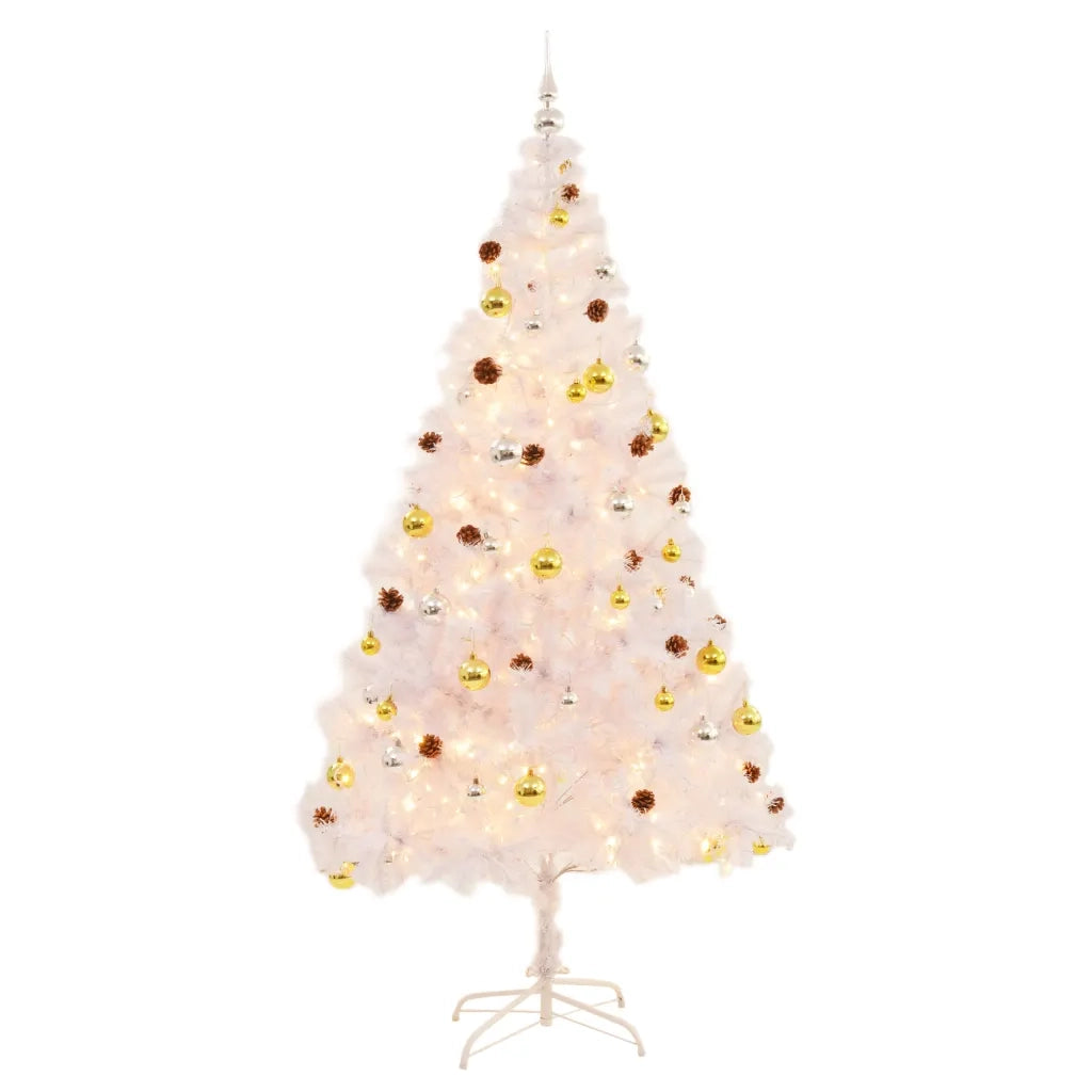 Albero di Natale Artificiale con Palline e LED 210 cm Bianco