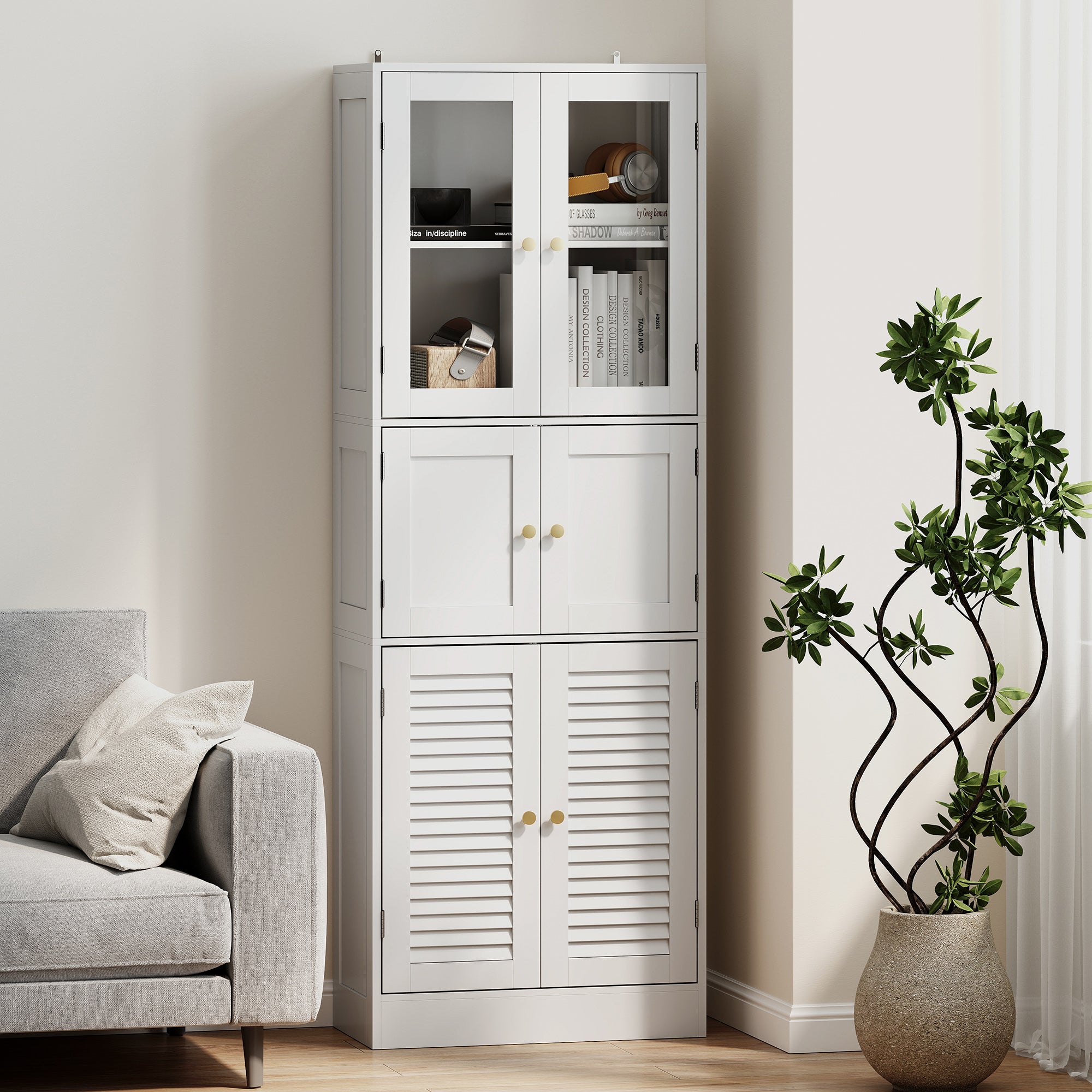 Mobile Bagno 60x30x170 cm con 3 Armadietti a 2 Ante in Vetro e Legno  Bianco