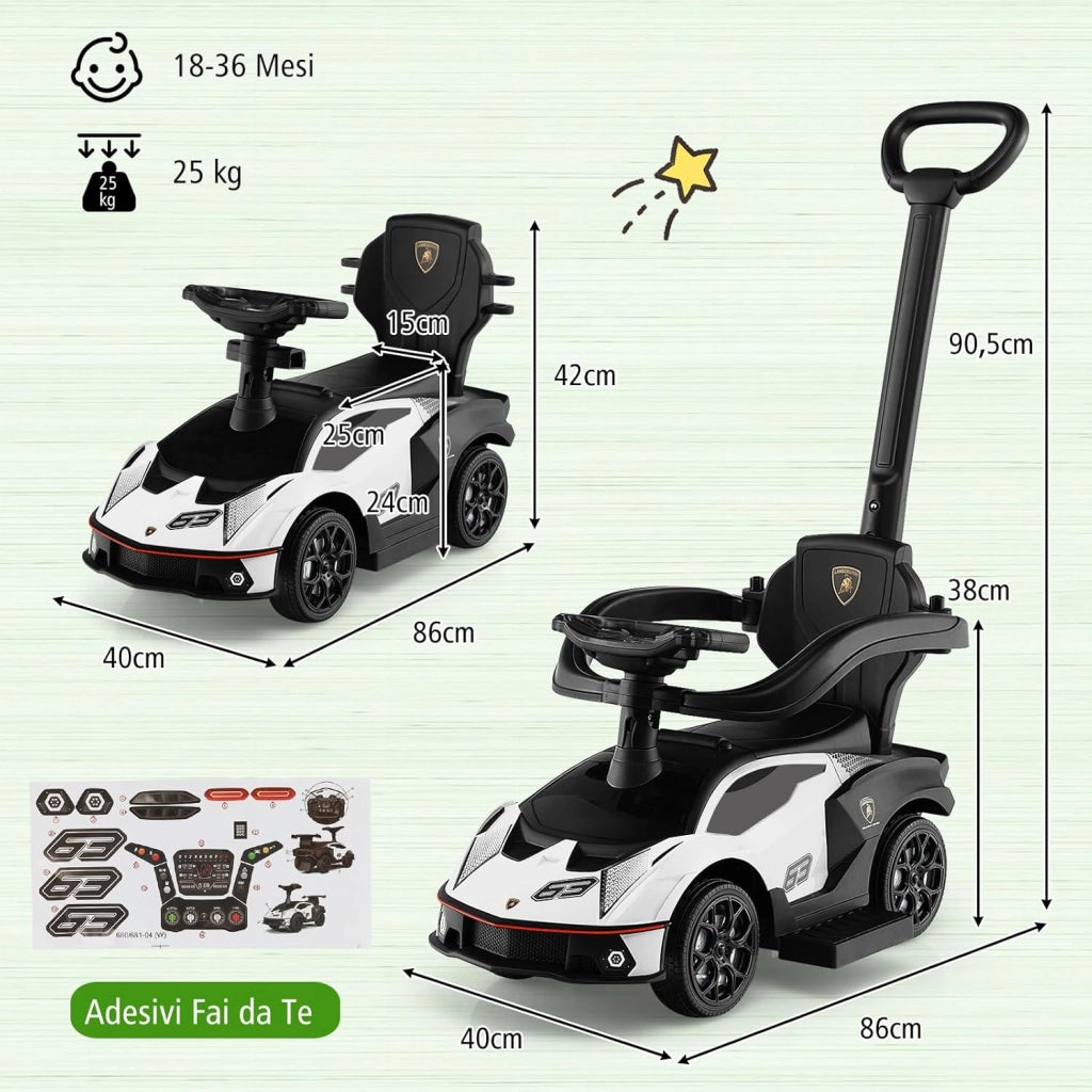 3 in 1 Lamborghini Auto a Spinta per Bambini, Macchina Cavalcabile con Impugnatura e Scatola di Stoccaggio, Ideale per Bambini 12-36 Mesi (Bianco)