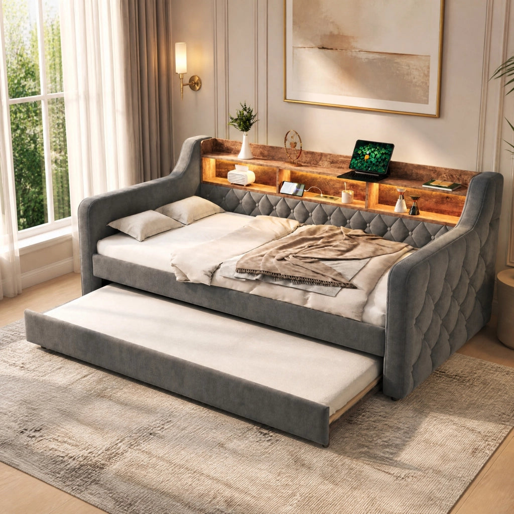 Divano letto estraibile 90x190 cm in velluto grigio scuro con LED; USB-C e contenitore