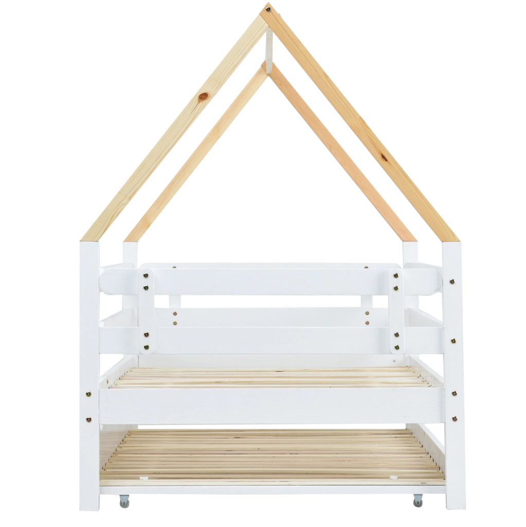 Letto a casetta singolo con letto estraibile su ruote; 90x200 cm; bianco e naturale