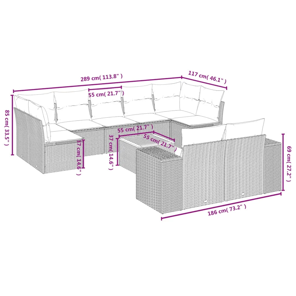 Set Divani da Giardino 10pz con Cuscini in Polyrattan Nero 3257925